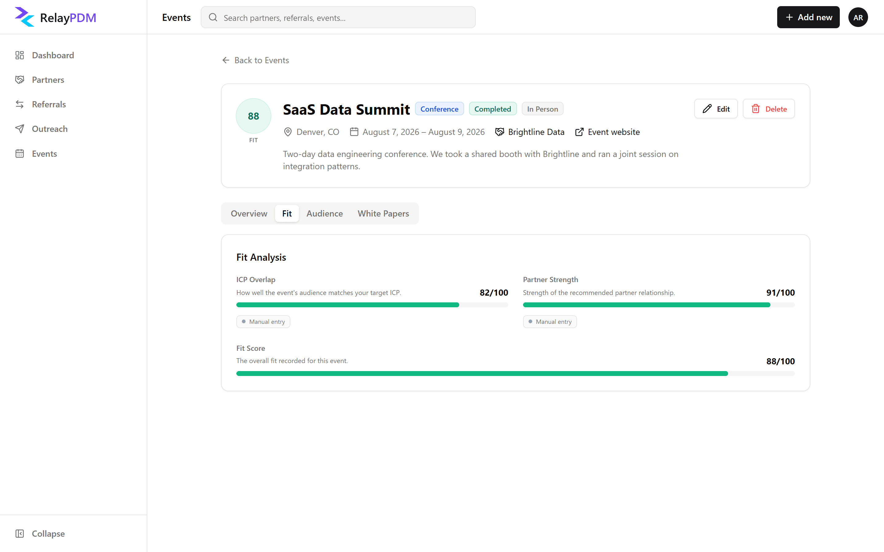 RelayPDM event page with a fit analysis: audience overlap, partner strength and an overall fit score for a fictional event